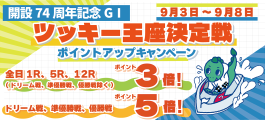 開設74周年記念GⅠツッキー王座決定戦ポイントアップキャンペーン　　9月3日(木)～9月8日(火) 